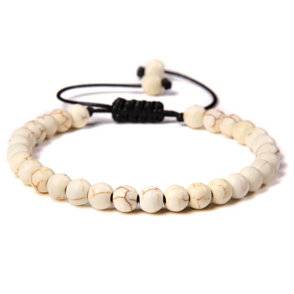 Unisex 6mm Beige Turquoise Natural Stone Beaded Adjustable Rope Bracelet NEW